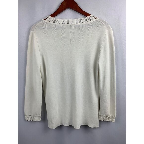 Cable & Gauge White Crochet Trim V-Neck Sweater Medium - Picture 6 of 6